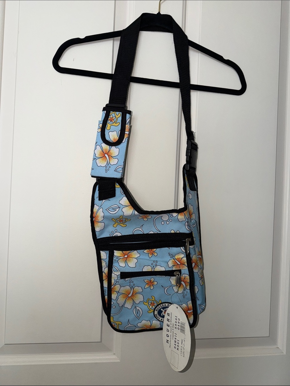 Light Blue Floral Crossbody Bag with Adjustable Black Strap